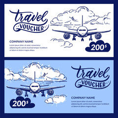 Travel gift card, voucher, certificate. Vector hand drawn watercolor sketch illustration of flying airplane and clouds - 689587571