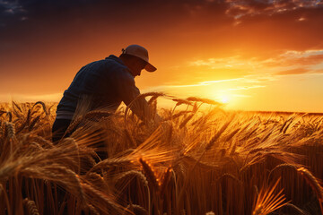 A scenic image capturing the early morning harvest of cereal in a golden field, with farmers collecting grain against the backdrop of a beautiful sunrise, representing the natural process of cereal pr - obrazy, fototapety, plakaty