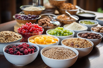 An image of a cereal bar at a brunch party - featuring a wide selection of cereals and toppings - with guests happily customizing their bowls - set in a festive and inviting atmosphere.