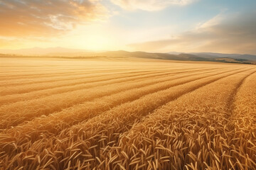 Obraz premium An aerial image showcasing vast cereal fields at sunrise - with golden waves of grain stretching across the farming landscape - highlighting the beauty of natural cereal cultivation.
