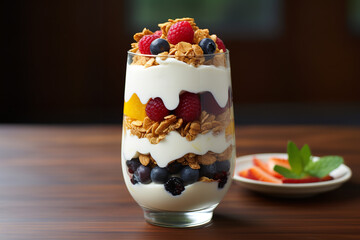 An image of an elegant cereal parfait in a tall glass - artistically layered with yogurt - various fruits - and granola - serving as a sophisticated and appealing brunch offering. - Powered by Adobe