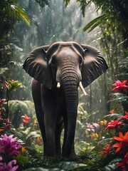 elephant in the middle of jungle, flower field, elephant portrait , fantasy photography