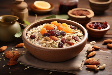 An image depicting a rustic homemade muesli cereal in a clay bowl - consisting of a mix of oats - dried fruits - and nuts - symbolizing an artisanal breakfast and natural simplicity. - Powered by Adobe
