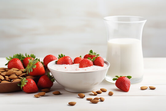 A bright and inviting image of a cereal bowl with almond milk and fresh strawberries - set against a morning backdrop - representing a healthy and refreshing vegan breakfast option.
