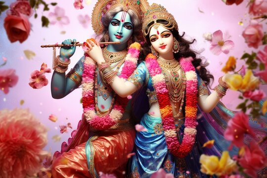 Hindu God Radha Krishna Iskcon Temple With Nice Dressup And Rose Petals background Wallpaper Design, Generative AI