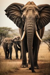 A flock of elephants in the wild Savannah, Safari, Africa. - obrazy, fototapety, plakaty