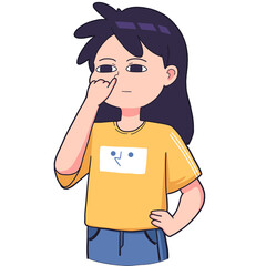 a girl who was seen picking her nose with a flat expression, cartoon expression illustration