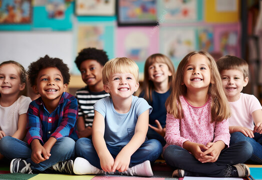 Group Of Pre School Children Answering Question In Classroom