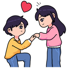 The man holds his girlfriend's hand while kneeling in front of his girlfriend, their eyes look at each other full of love. cartoon couple expression illustration
