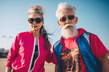 Asian elderly fitness couple are dressed in 80s style. Aesthetics of the 80s-90s. Generative Ai.