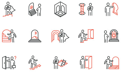 Vector Set of Linear Icons Related to Problem Solving, Decision-Making, Comfort Zone, Personal Challenge, Striving for Development. Mono line pictograms and infographics design elements - obrazy, fototapety, plakaty
