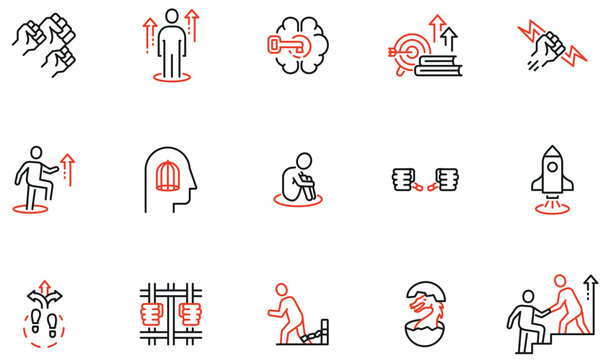 Vector Set of Linear Icons Related to Comfort Zone, Self-Realization, Overcoming Mental Limitations and Personal Challenge. Mono line pictograms and infographics design elements