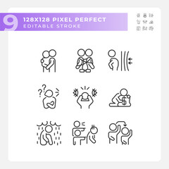 2D pixel perfect black icons set representing psychology, editable thin line illustration.