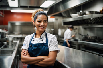Smiling female chef with arms crossed against the backdrop of a restaurant kitchen - obrazy, fototapety, plakaty