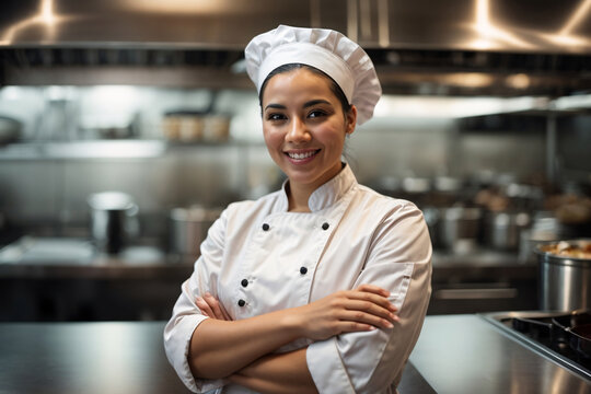 Smiling female chef with arms crossed against the backdrop of a restaurant kitchen