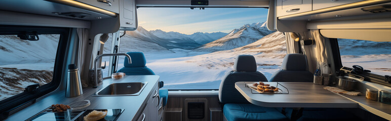 interior of caravan mobile home in the middle of snowy mountains - Powered by Adobe