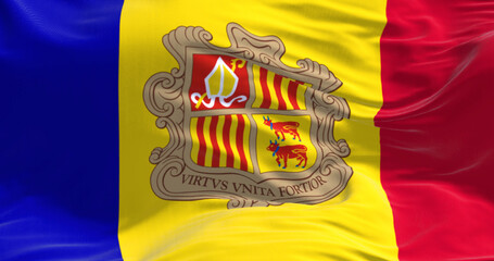 The flag of the Principality of Andorra waving in the wind