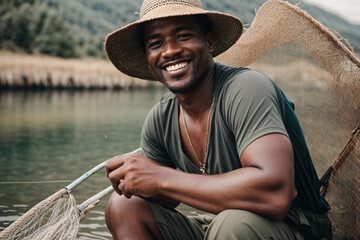 Smiling male fisherman with fishing net right next to a lake