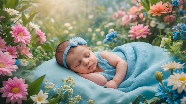 portrait of a newborn girl sleeping in flower , fantasy photography