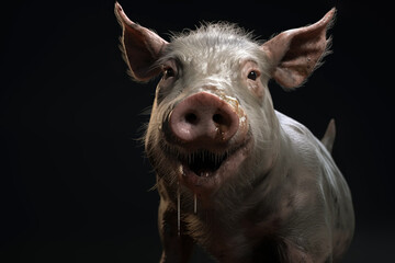A dirty drooling slobbering greedy pig isolated on a dark background showing his snout in an adorable nature setting - obrazy, fototapety, plakaty
