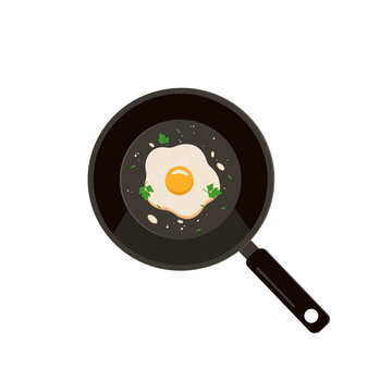 Fried egg on frying pan. Isolated on white background. Vector illustration.