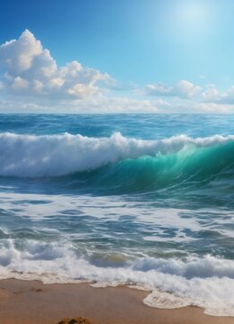 sea ​​wave long , noon, daylight(blue sky),sea ​​wave with foam close-up, noon, daylight, artstation, panoramic format © Muhammad