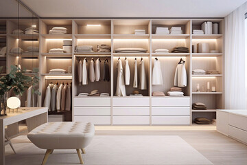 Wide wooden dressing room, interior of a modern house. A cozy wardrobe room with white walls and a closet, featuring clothes hung up in neat fashion