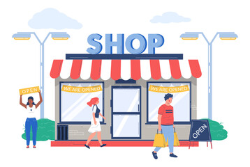 Local market street shop opening event vector illustration