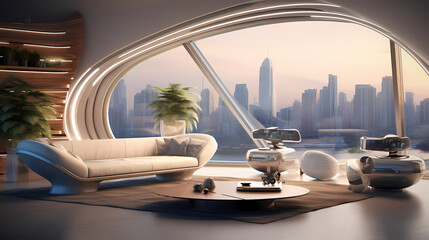 A futuristic living room mockup with city skyline