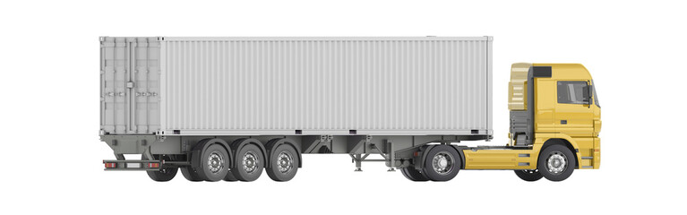 A yellow truck with a trailer on which a sea container is located. 3d illustration. Orthographic view. Isolated on a white background.