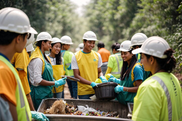 Team of  young and diversity volunteer worker group enjoy charitable social work outdoor in cleaning up garbage and waste - obrazy, fototapety, plakaty
