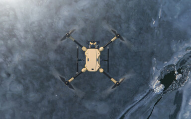 A modern aerial drone (quadcopter) with remote control, flying with an action camera. Flying over the ice. Background: photo. Drone: 3d model. 3d illustration.