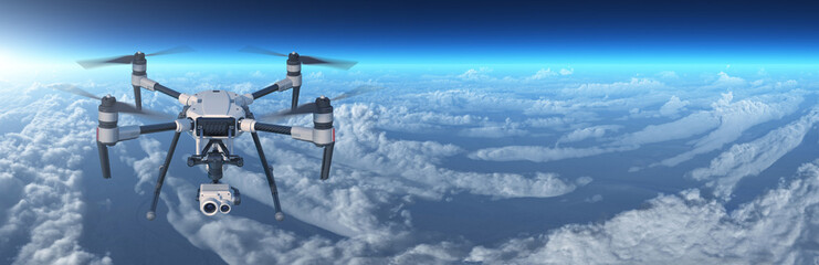 A modern aerial drone (quadcopter) with remote control, flying with an action camera. Flying above the clouds. 3d illustration.