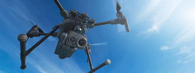 A modern aerial drone (quadcopter) with remote control, flying with an action camera. Against the background of the sky and clouds. Background: photo. Drone: 3D model. 3d illustration.
