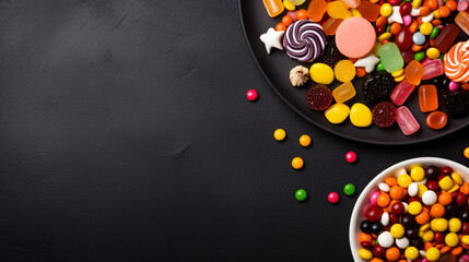 Black plate with colorful candy. Trick or Treat