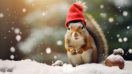Cheerful squirrel wearing a tiny Santa hat, gathering pinecones in the snow Ai Generative
