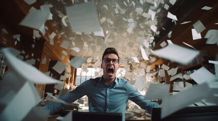 Angry male office worker threw paper documents up, deadline. Depression from work in a man, a large workload of document management