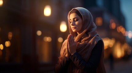 Woman in headscarf prays to God on the street a sacred holiday - obrazy, fototapety, plakaty