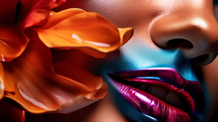 Beauty pink lips of a woman close-up, shiny red lipstick, portrait