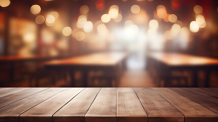 Empty Wooden Table in a Blurry Restaurant Background
