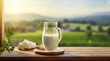 Fresh koumiss milk on wooden tabletop