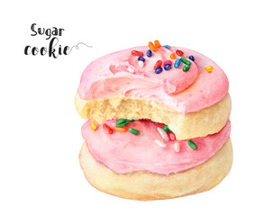 Watercolor illustration of sugar cookie dessert close up. Design template for packaging, menu, postcards.