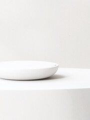 Modern round white plate shape podium on table counter in sunlight for luxury organic cosmetic, skincare, beauty, body, hair care, treatment, fashion product display background 3D