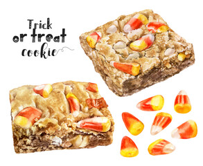 Watercolor illustration of salted caramel dessert close up. Design template for packaging, menu, postcards.