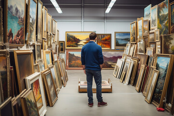 an artist in a self-storage unit - browsing through their stored artworks.  - obrazy, fototapety, plakaty