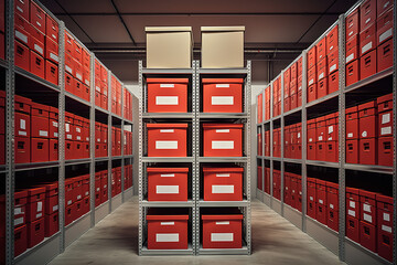 a self-storage unit, showcasing well-organized shelves lined with labeled boxes. - obrazy, fototapety, plakaty