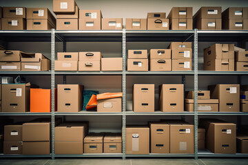 a self-storage unit - showcasing well-organized shelves lined with labeled boxes. - Powered by Adobe