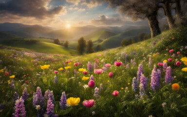 Close photograph on a beautiful meadow full of spring flowers