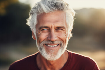 Attractive good looking smiling man aged 50-60 with bright white teeth and gray beard and hair looking straight into the camera, beautiful appearance despite his age.generative ai - obrazy, fototapety, plakaty