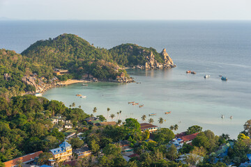 Koh Tao tropical island panorama landscape view on sea, coastline with rocks, Taa Toh Bay beach,...